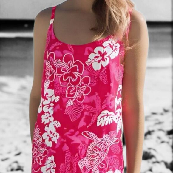 Vintage 90s Mini Dress Hot Pink Tropical Print Floral Slip Dress Fringe Hemmed - Picture 10 of 10